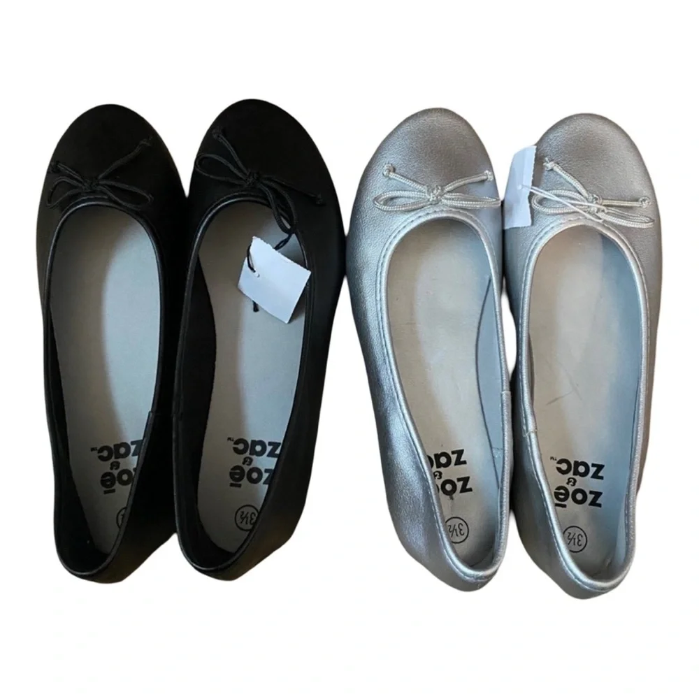 NWT Zoe & Zac Ballet Flats Set | Silver & Black | Girls Size 3.5 Shoes